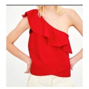 Zara trf Women's One Shoulder Red Ruffle Sleeveless Crop Blouse Size Small